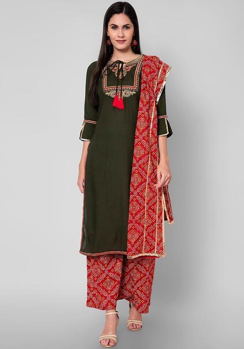 Green Solid Viscose Kurta Set — view on Indya