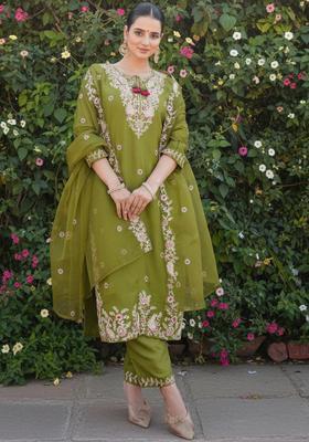 Green Embroidered Viscose Kurta Set