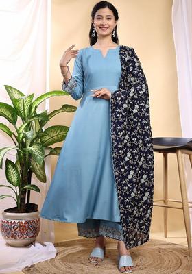 Blue Solid Silk Kurta Set