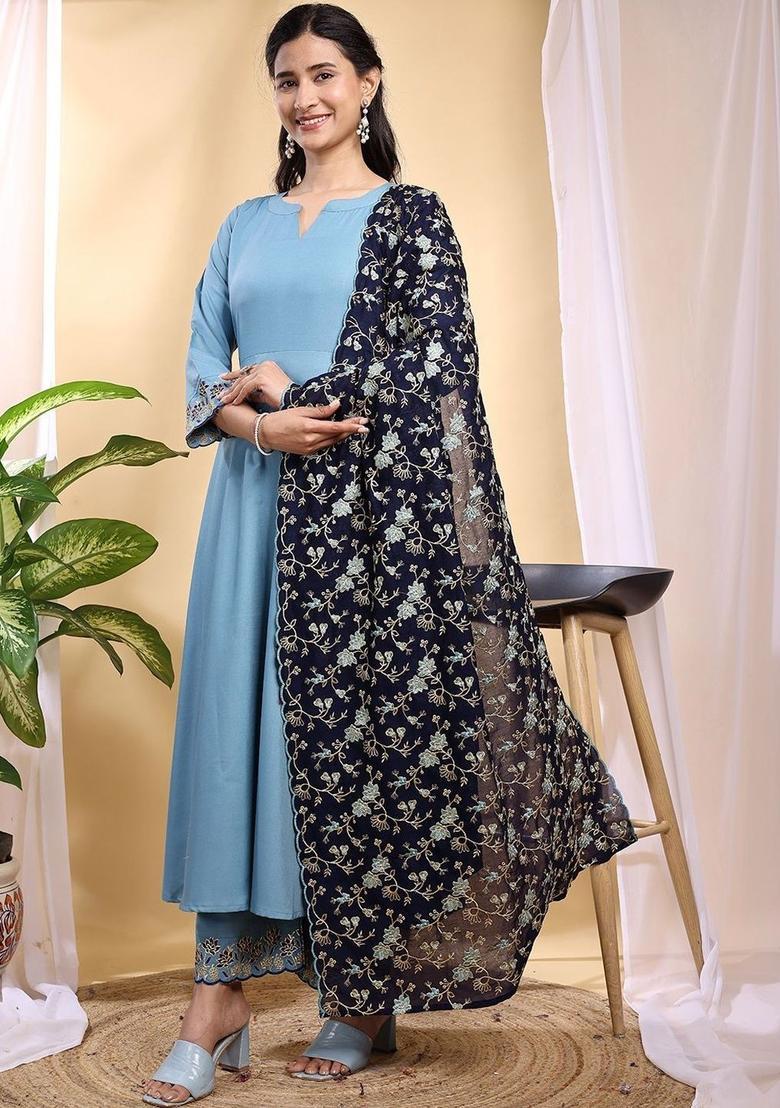 Blue Solid Silk Kurta Set - Indya