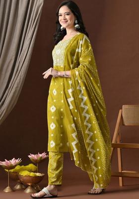 Olive Printed Cotton Kurta Set