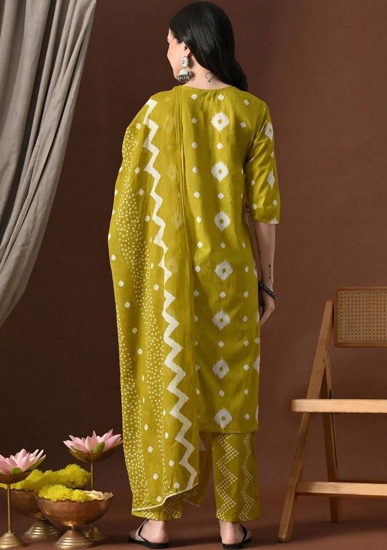 Olive Printed Cotton Kurta Set - Indya