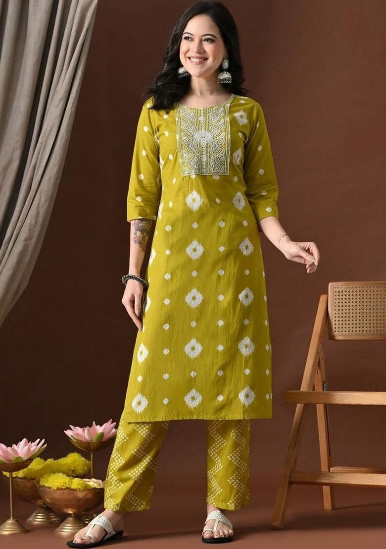 Olive Printed Cotton Kurta Set - Indya