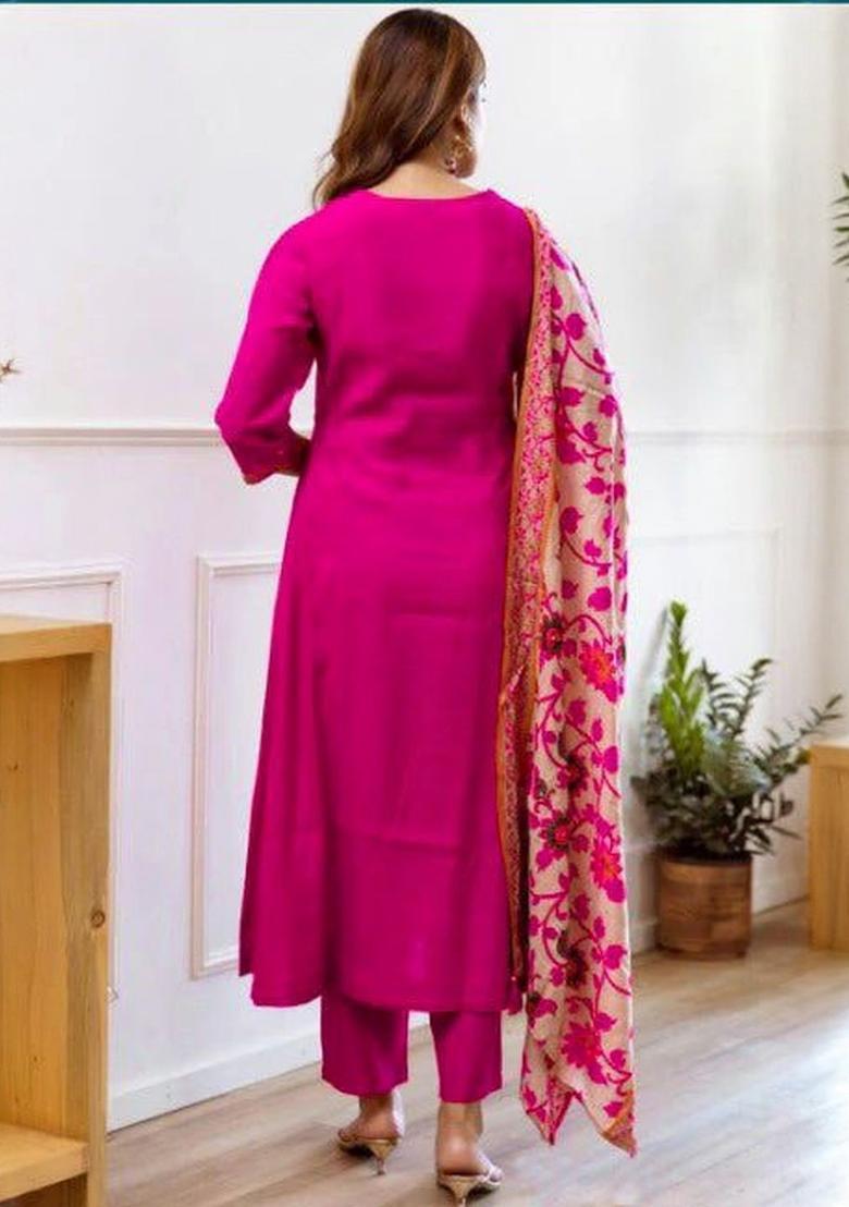 Pink Embroidered Viscose Kurta Set - Indya