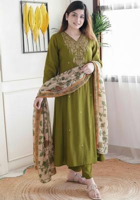 Olive Embroidered Cotton Kurta Set