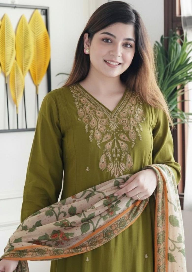Olive Embroidered Cotton Kurta Set - Indya