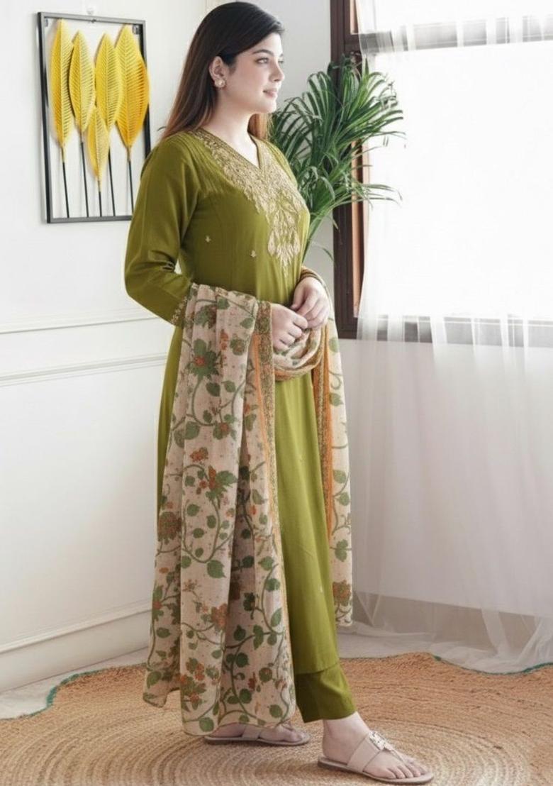 Olive Embroidered Cotton Kurta Set - Indya
