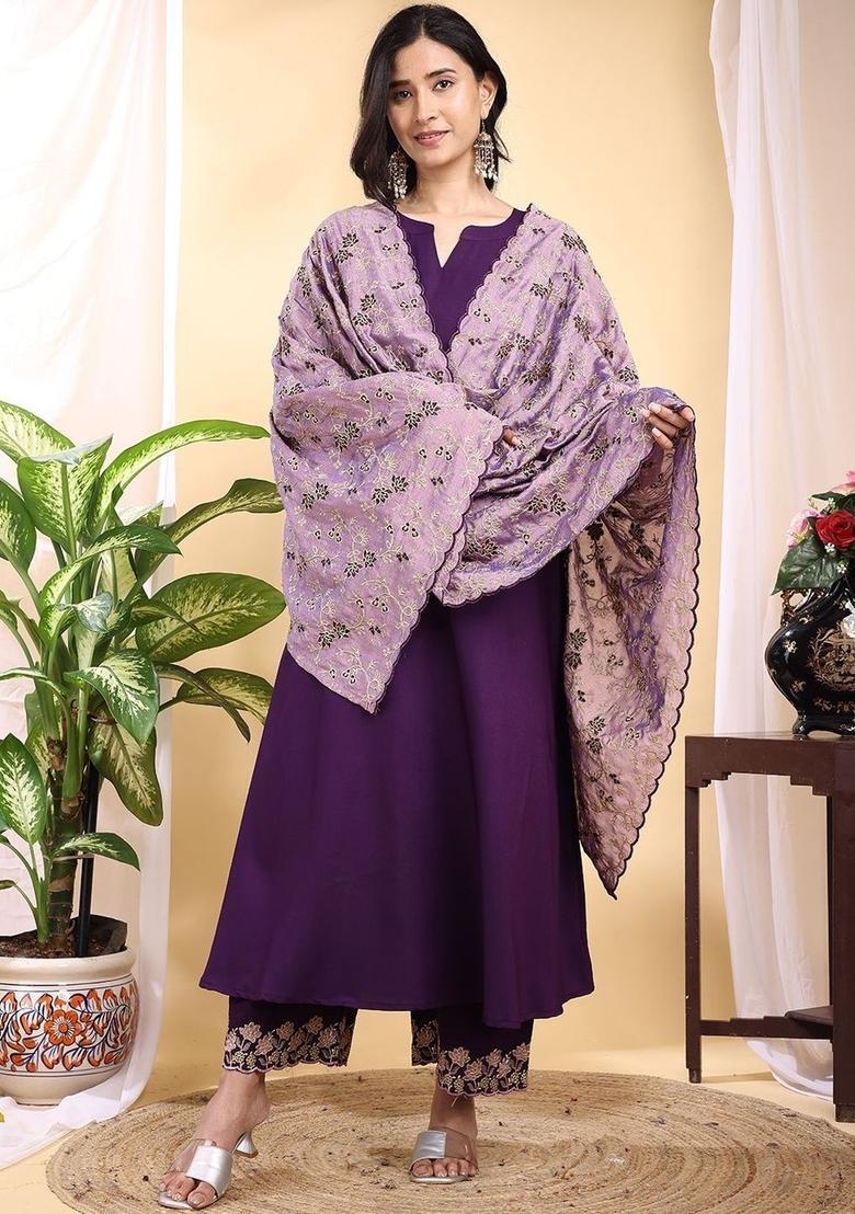Purple Solid Silk Kurta Set - Indya
