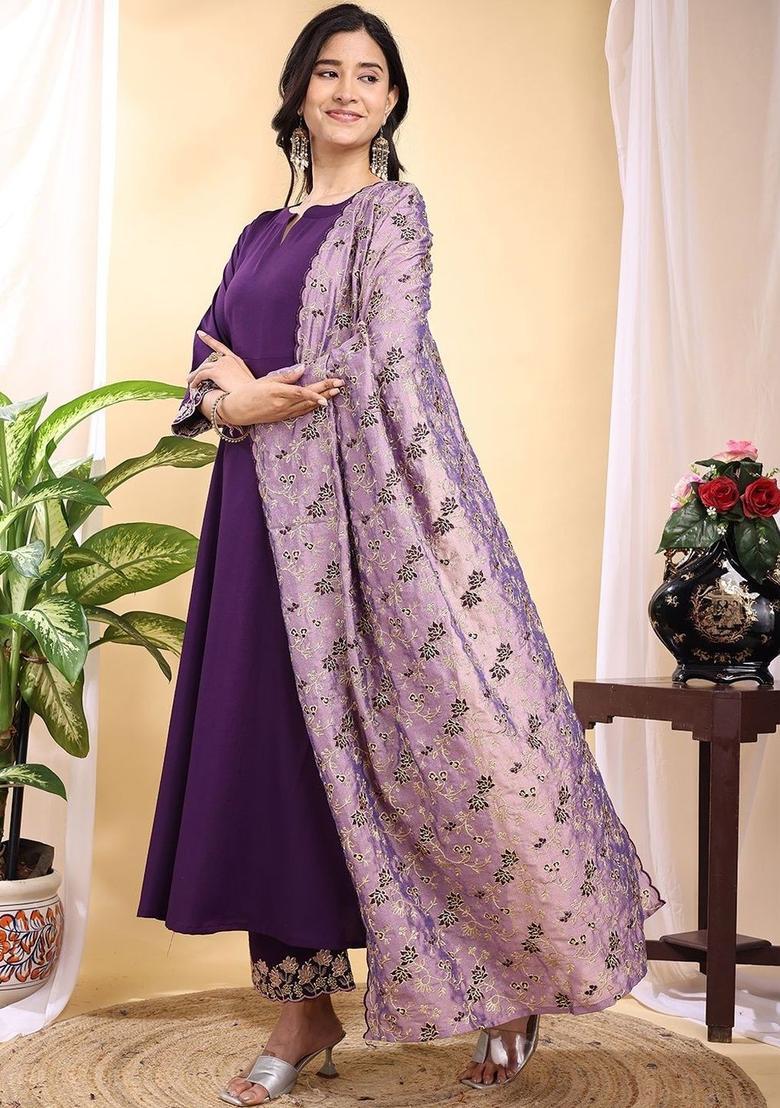 Purple Solid Silk Kurta Set - Indya