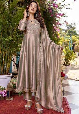Taupe Embroidered Silk Blend Kurta Set