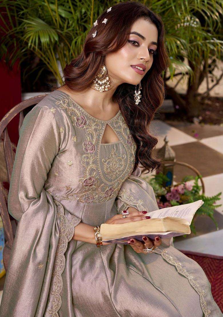 Taupe Embroidered Silk Blend Kurta Set - Indya