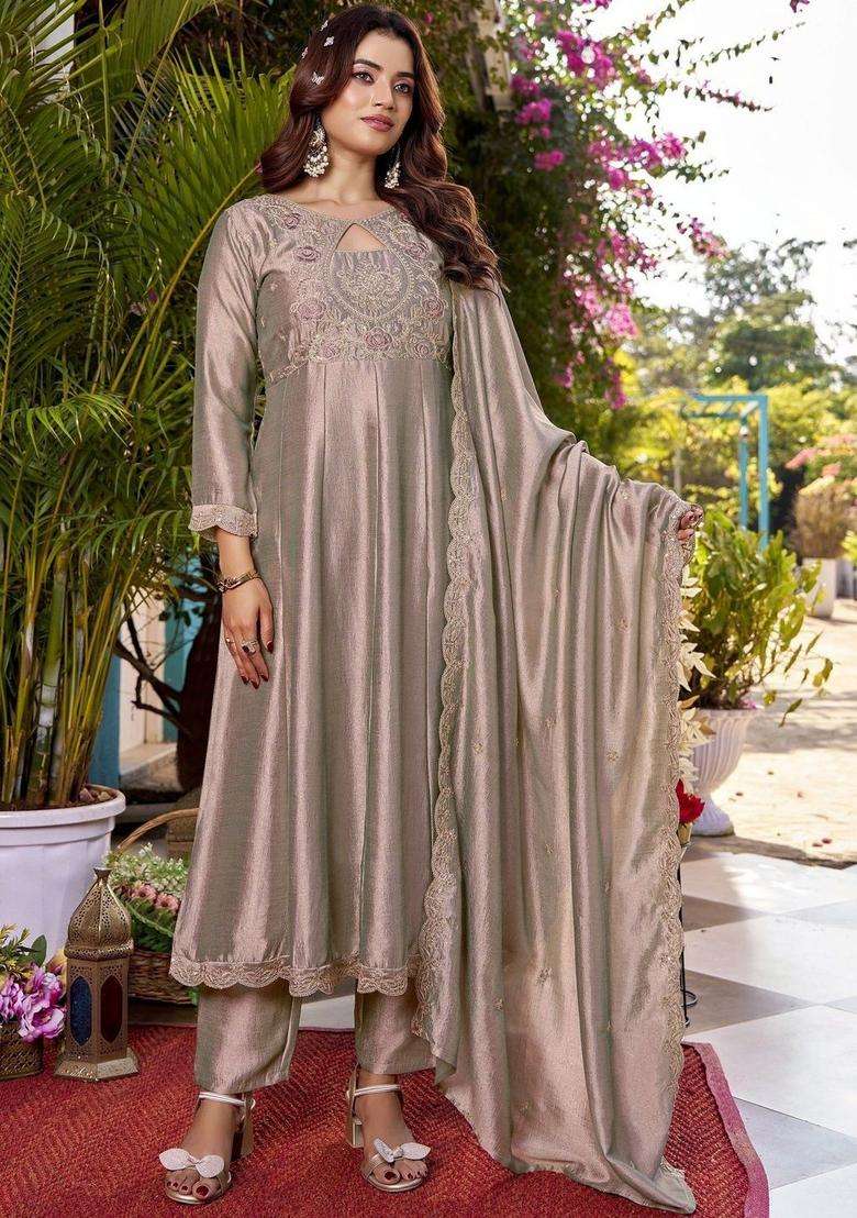 Taupe Embroidered Silk Blend Kurta Set - Indya