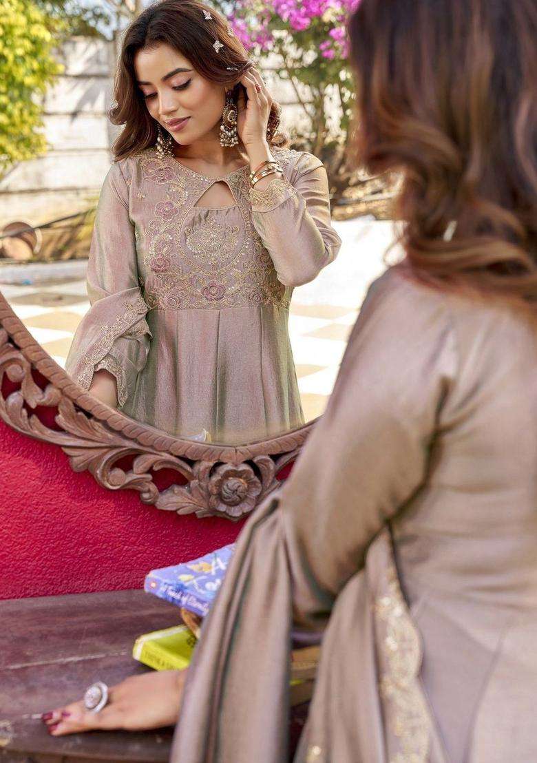 Taupe Embroidered Silk Blend Kurta Set - Indya