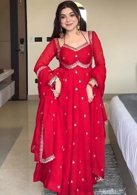 Red Embroidered Georgette Kurta Set