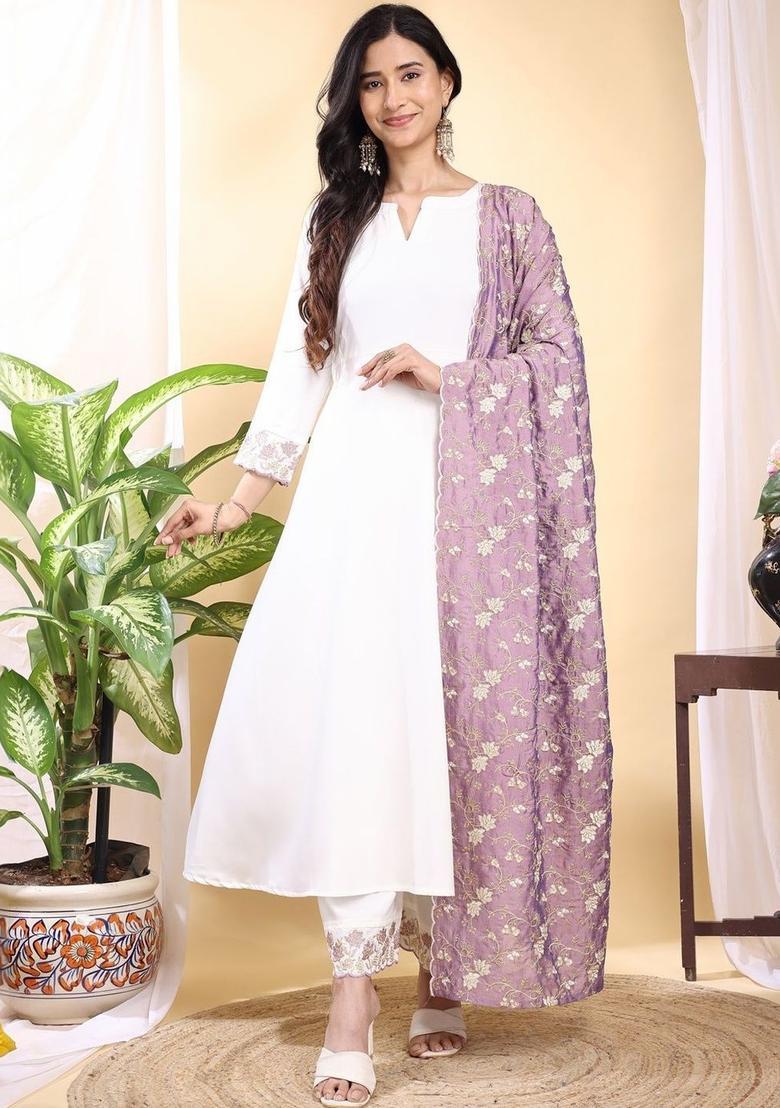 White Solid Silk Kurta Set - Indya