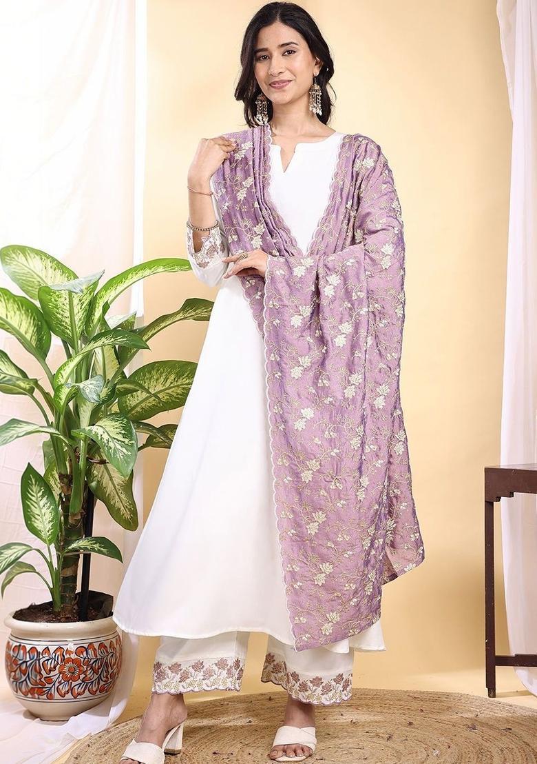 White Solid Silk Kurta Set - Indya