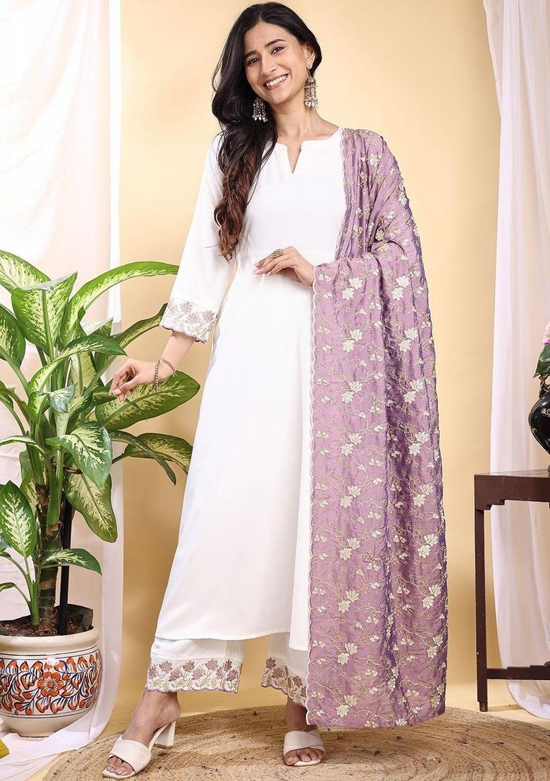 White Solid Silk Kurta Set - Indya