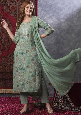 Green Printed Viscose Kurta Set