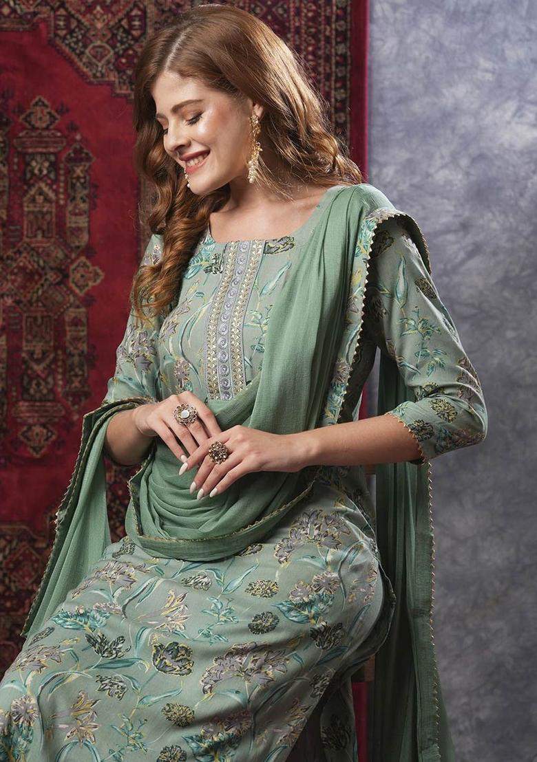 Green Printed Viscose Kurta Set - Indya