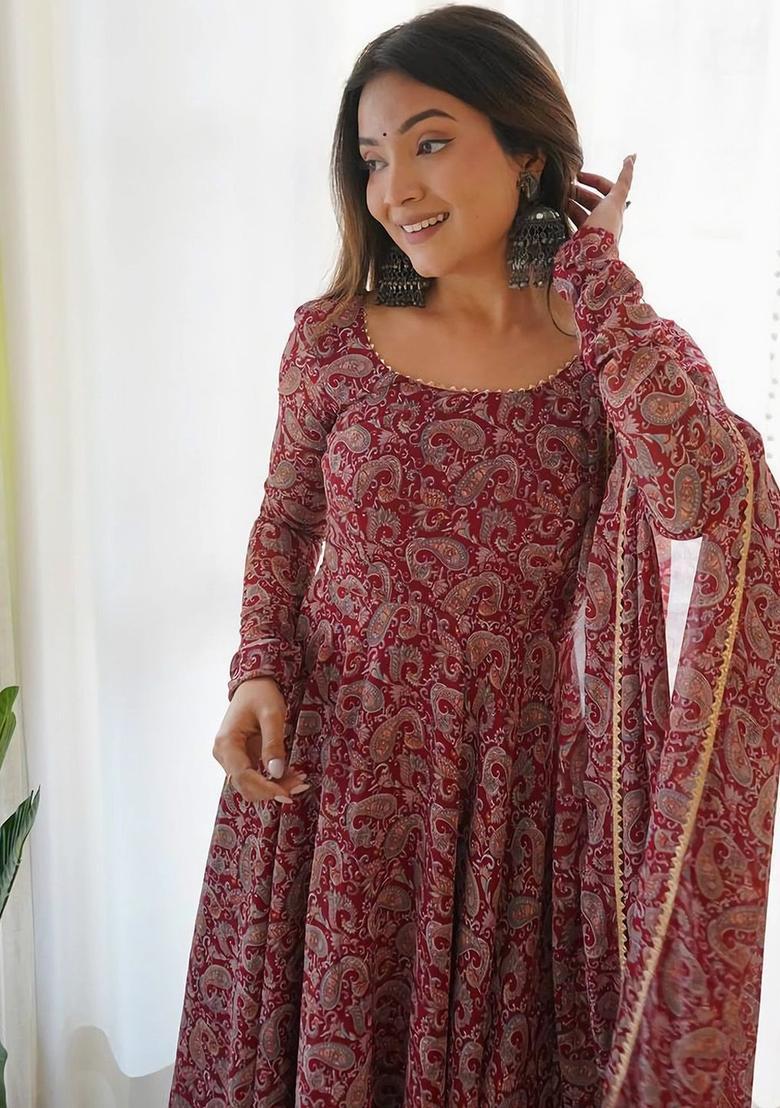Maroon Printed Georgette Anarkali Set - Indya