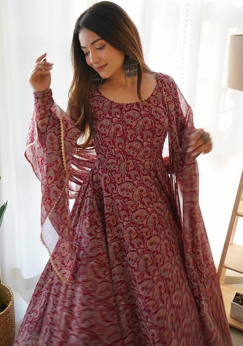 Maroon Printed Georgette Anarkali Set - Indya