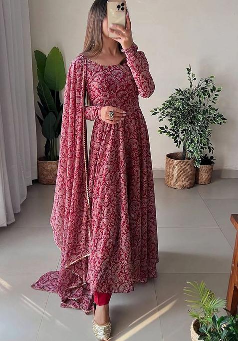 Maroon Printed Georgette Anarkali Set — view on Indya