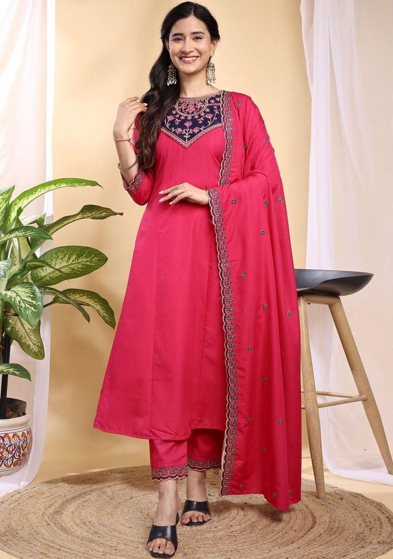 Pink Embroidered Silk Kurta Set - Indya