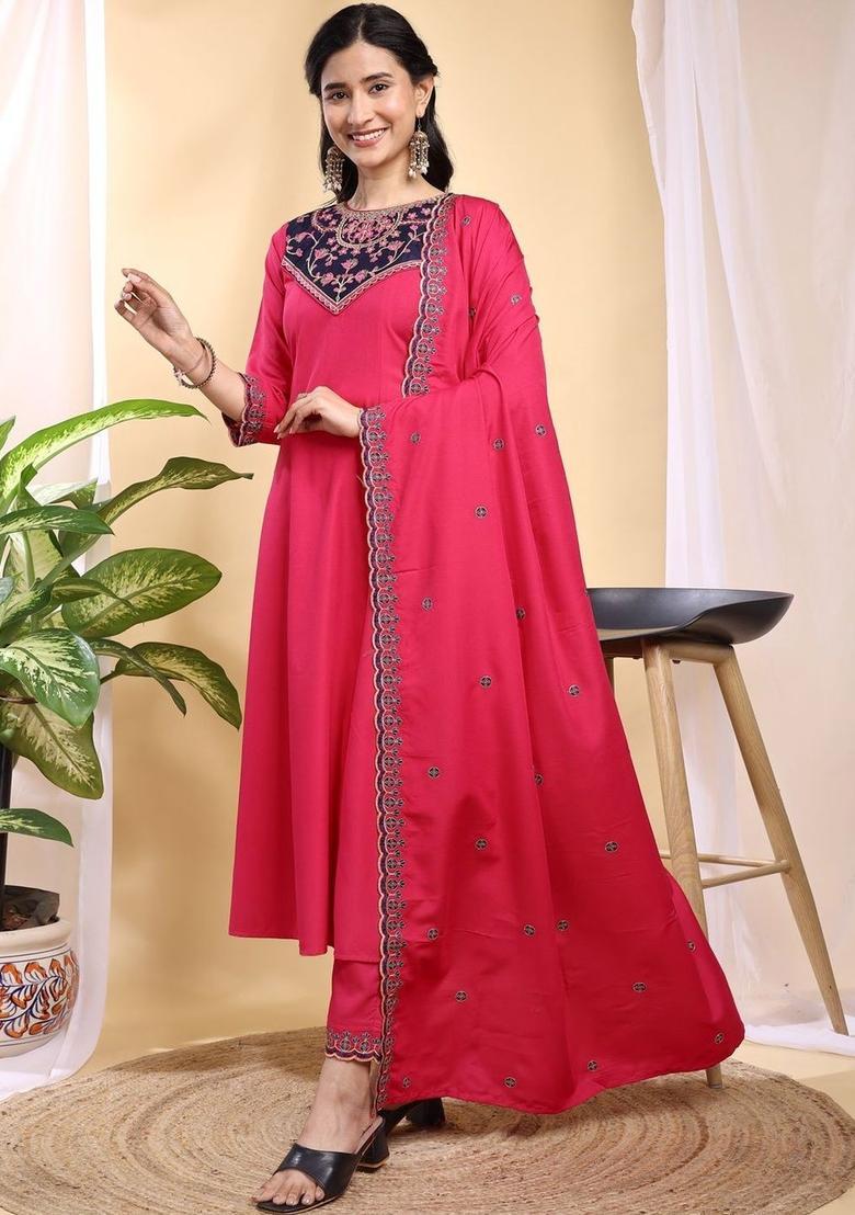 Pink Embroidered Silk Kurta Set - Indya