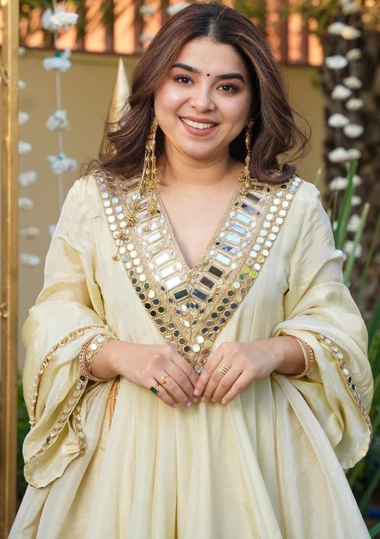 Cream Embroidered Chinon Kurta Set - Indya