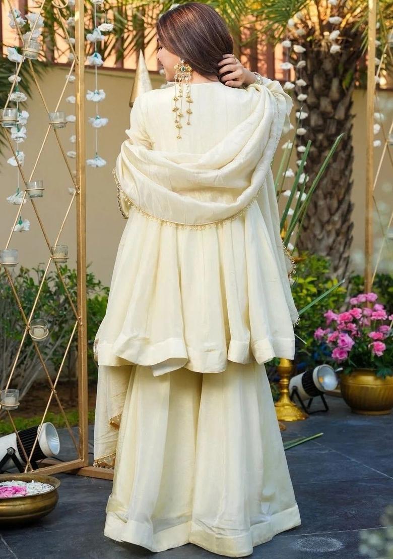 Cream Embroidered Chinon Kurta Set - Indya