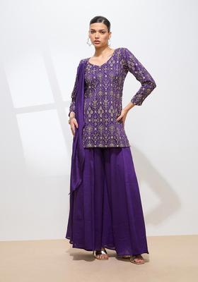 Purple Embroidered Silk Kurta Set