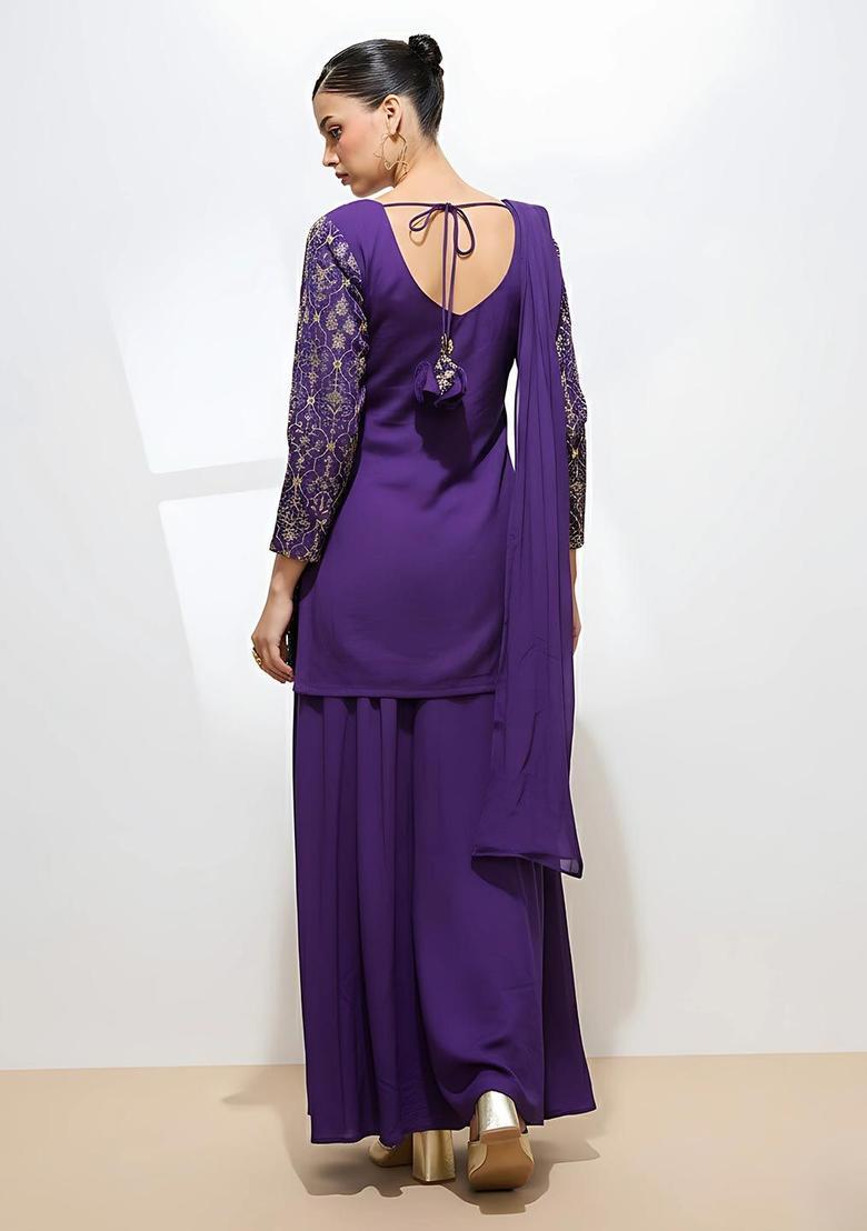 Purple Embroidered Silk Kurta Set - Indya