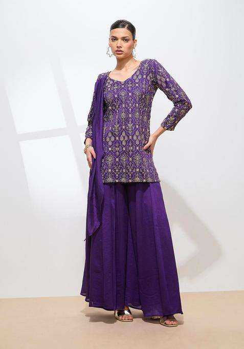 Purple Embroidered Silk Blend Kurta Set