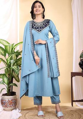 Blue Embroidered Silk Kurta Set