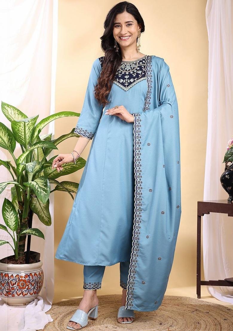 Blue Embroidered Silk Kurta Set - Indya