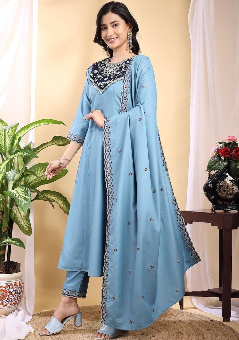 Blue Embroidered Silk Kurta Set - Indya