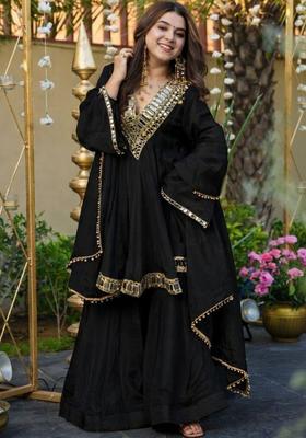 Black Solid Silk Blend Kurta Set