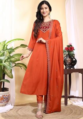Rust Embroidered Silk Kurta Set