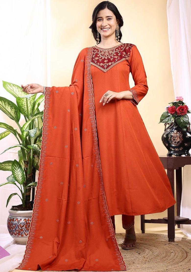 Rust Embroidered Silk Kurta Set - Indya