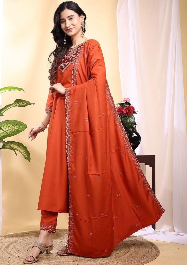 Rust Embroidered Silk Kurta Set - Indya