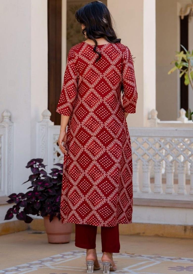 Rust Printed Viscose Kurta Set - Indya