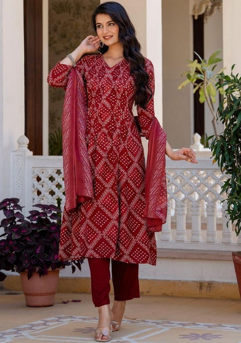 Rust Printed Viscose Kurta Set - Indya