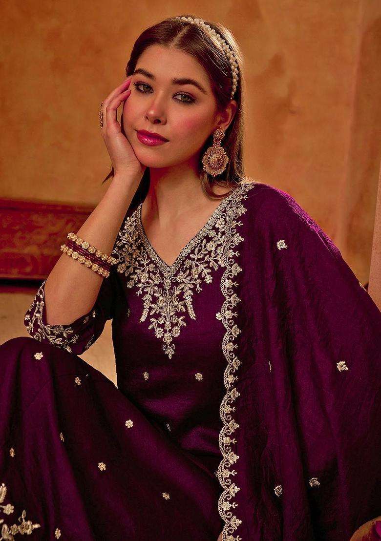 Purple Embroidered Silk Kurta Set - Indya