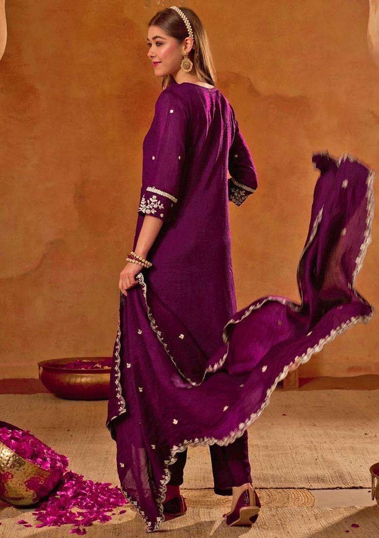 Purple Embroidered Silk Kurta Set - Indya