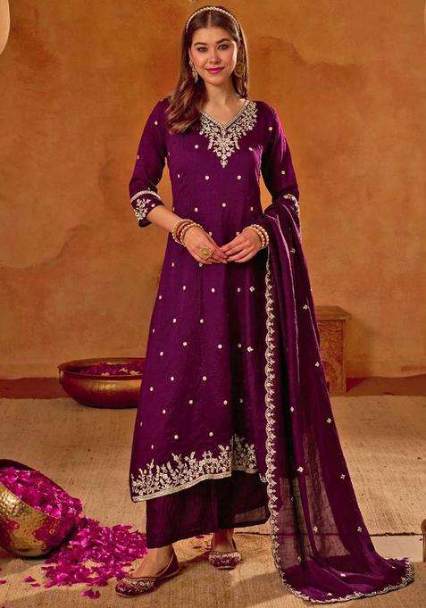 Purple Embroidered Silk Blend Kurta Set