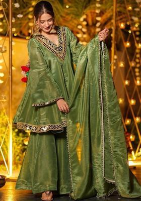 Olive Embroidered Chinon Kurta Set