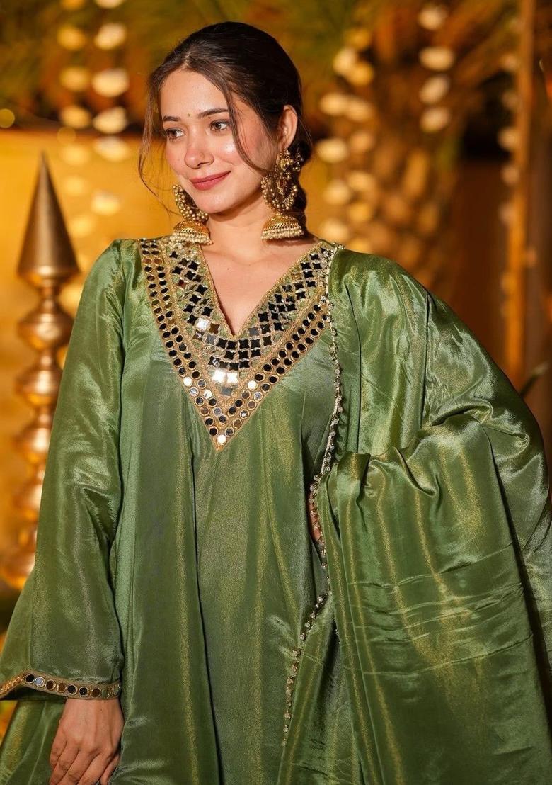 Olive Embroidered Chinon Kurta Set - Indya