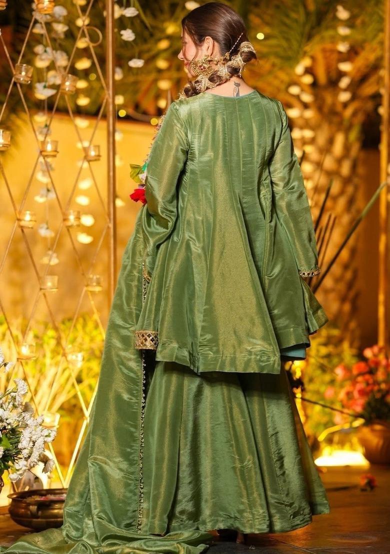 Olive Embroidered Chinon Kurta Set - Indya