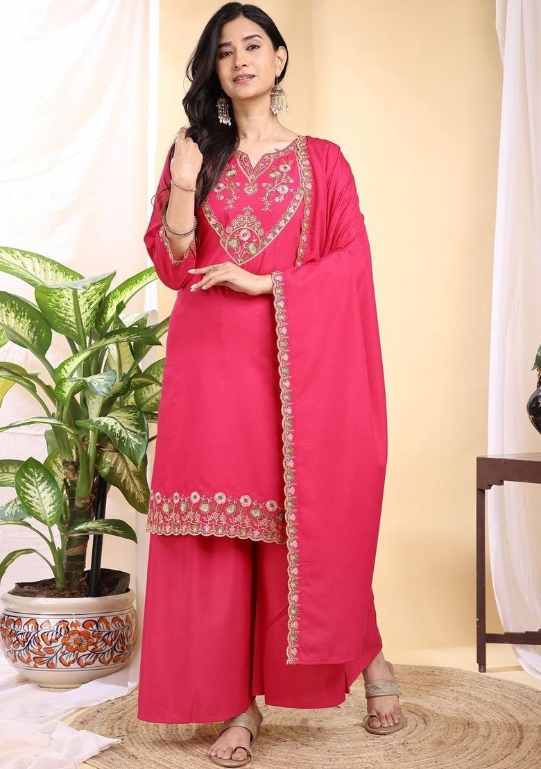 Pink Embroidered Silk Kurta Set - Indya