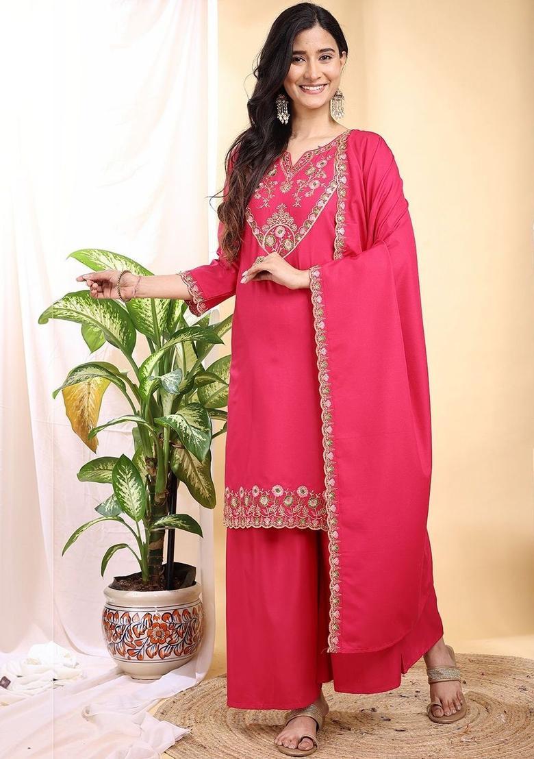 Pink Embroidered Silk Kurta Set - Indya